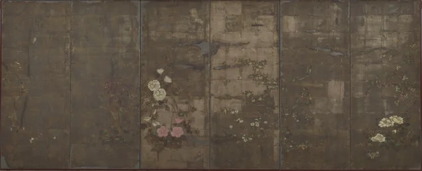 Flores das estações, telas (seis painéis), 1600-30 (cor sobre prata sobre papel)